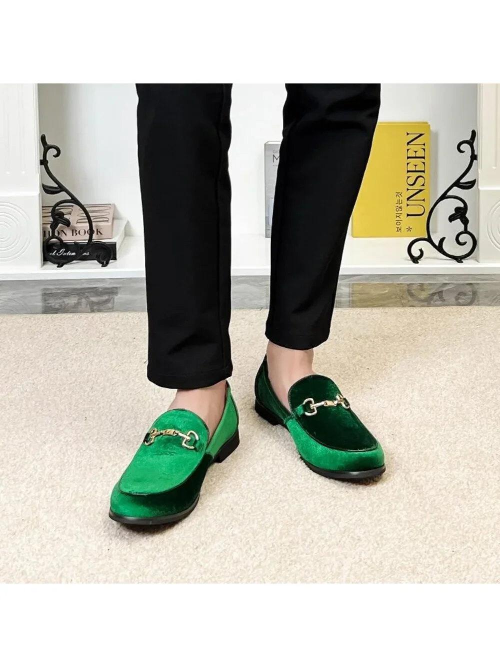 LCQL Men's Grass Green Leather Velvet Loafer Gold Buckle Slip On Luxury Shoes